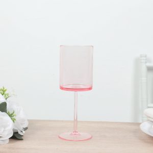 6-Pack Transparent Blush Plastic Cylindrical Wine Glasses 10oz, Long Stem - Shatterproof Reusable Cocktail Glasses
